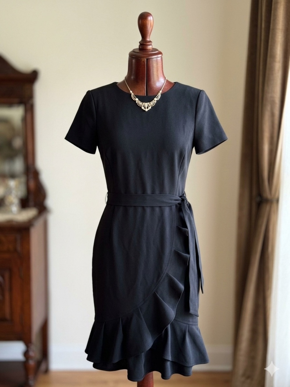 Calvin Klein Black Short Sleeve Ruffle Faux Wrap Crepe Mini Dress - Size 4